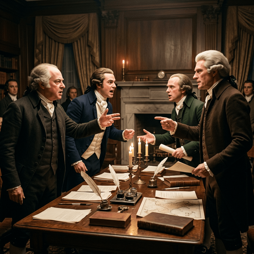 Four men in 18th-century clothing arguing at a candlelit table with documents and maps