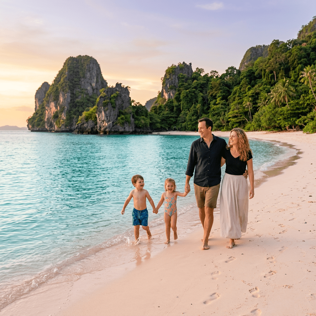Family of four walking barefoot on sandy beach near turquoise water with lush green cliffs in background